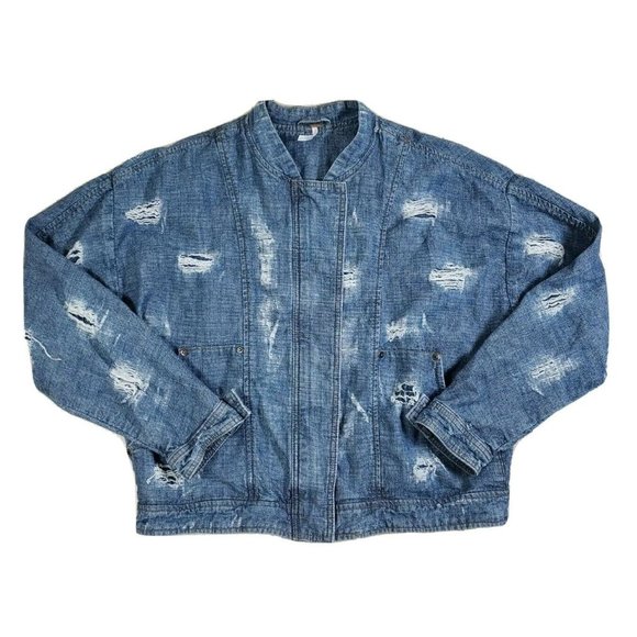 Free People Jean Jacket Women's LARGE Cotton Bomber Full Zipper Snap Distressed - Picture 1 of 10